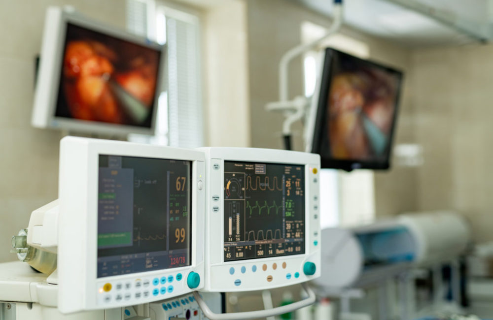 Two Screens In Operating Room. Medical Devices, Interior Hospita