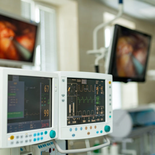 Two Screens In Operating Room. Medical Devices, Interior Hospita